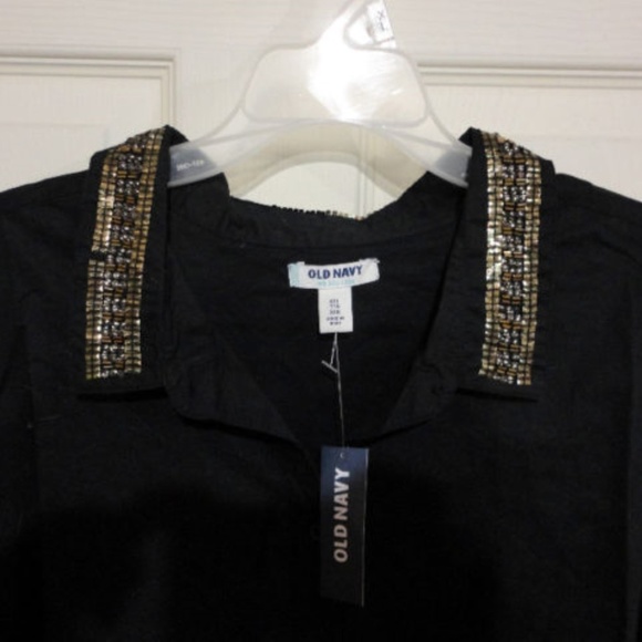 Old Navy black button down shirt rhinestone jewel - Picture 2 of 5